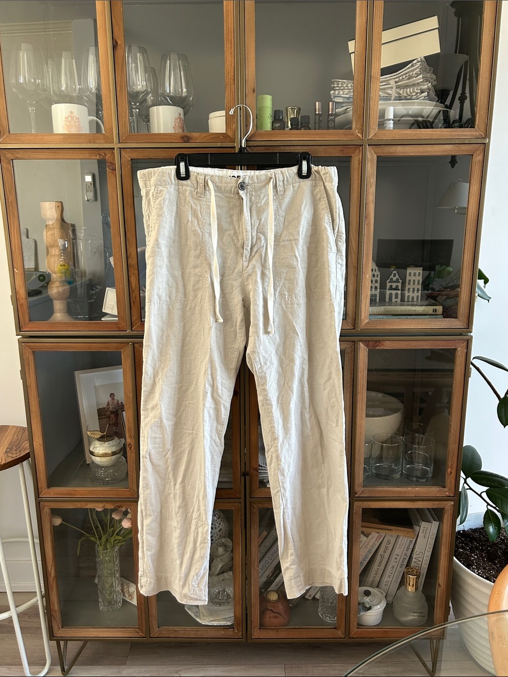 Linen Blend Lightweight Drawstring Pants - Cream